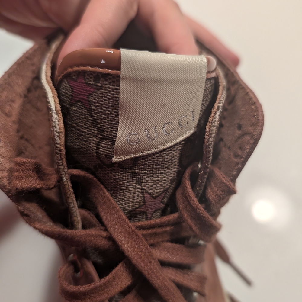 Gucci Logo Leather Suede Lace-Up High-Top Sneakers Mauve Brown Size 6 - Picture 4 of 13